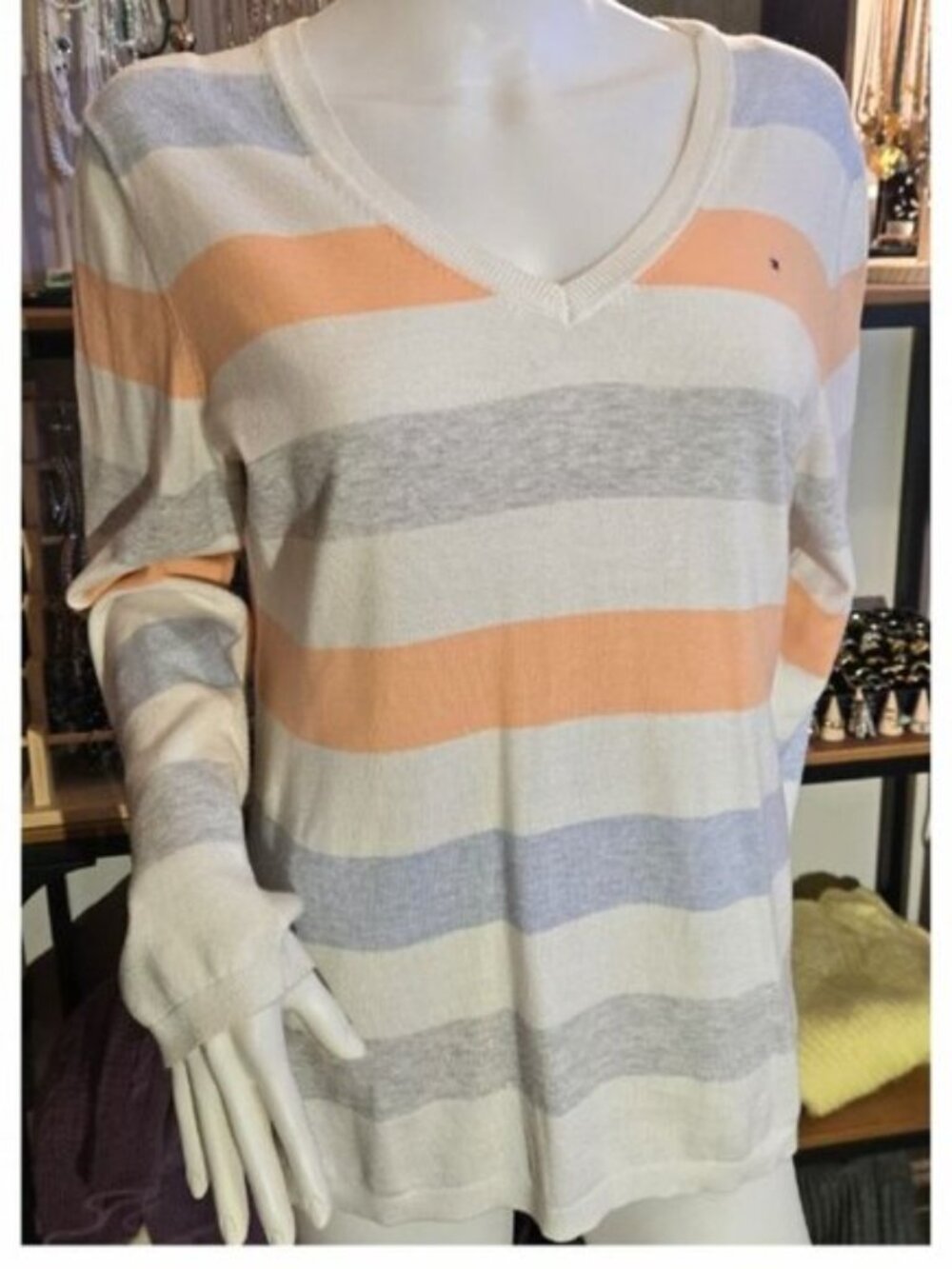 Tommy Hilfiger White, Gray, Peach Striped V-Neck Sweater Large
